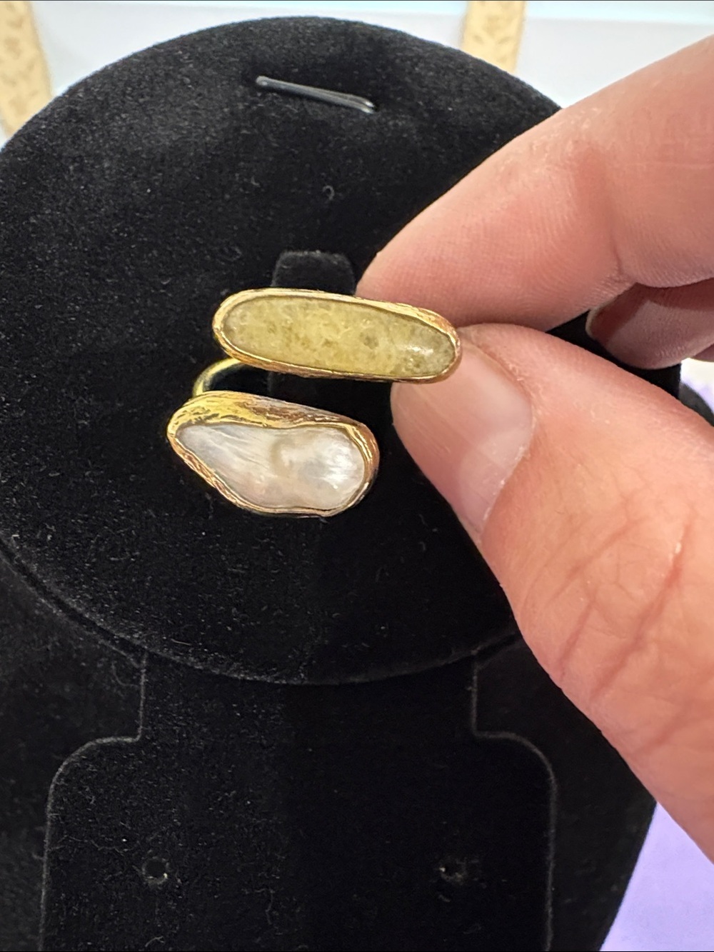 Gold Vermeil Adjustable Double Stone Ring with White Pearl and Pale Yellow Agate